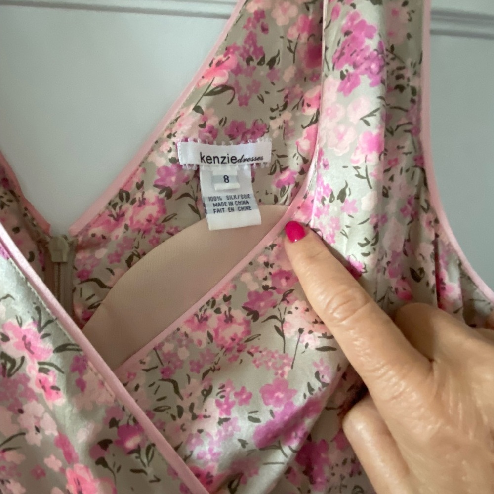 Silk dress in soft taupe with pink floral print by Kenzie